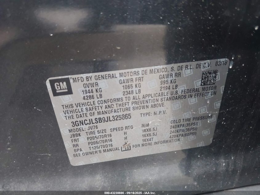 2018 Chevrolet Trax Lt VIN: 3GNCJLSB9JL325865 Lot: 43230886