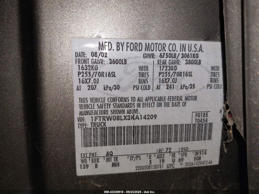 2003 Ford F-150 Lariat/Xlt VIN: 1FTRW08LX3KA14209 Lot: 43230918