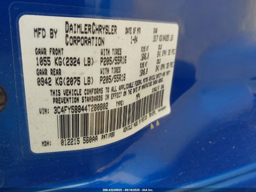 2004 Chrysler Pt Cruiser Touring VIN: 3C4FY58844T280802 Lot: 43230925