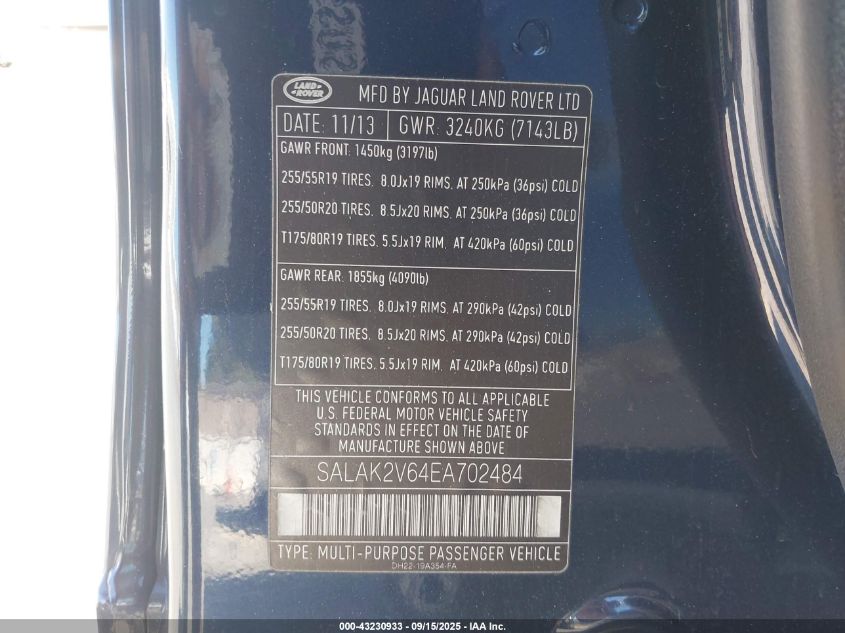 2014 Land Rover Lr4 VIN: SALAK2V64EA702484 Lot: 43230933