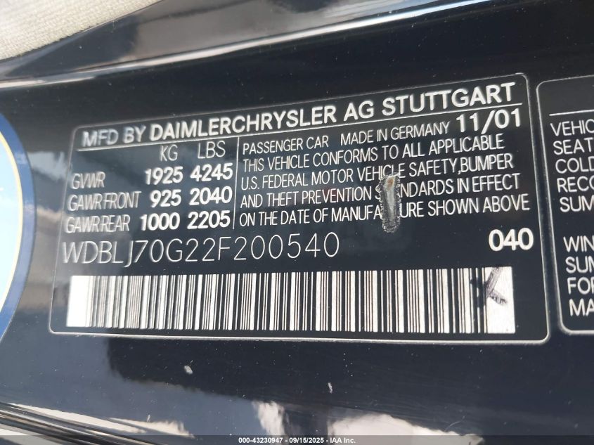 2002 Mercedes-Benz Clk 430 VIN: WDBLJ70G22F200540 Lot: 43230947