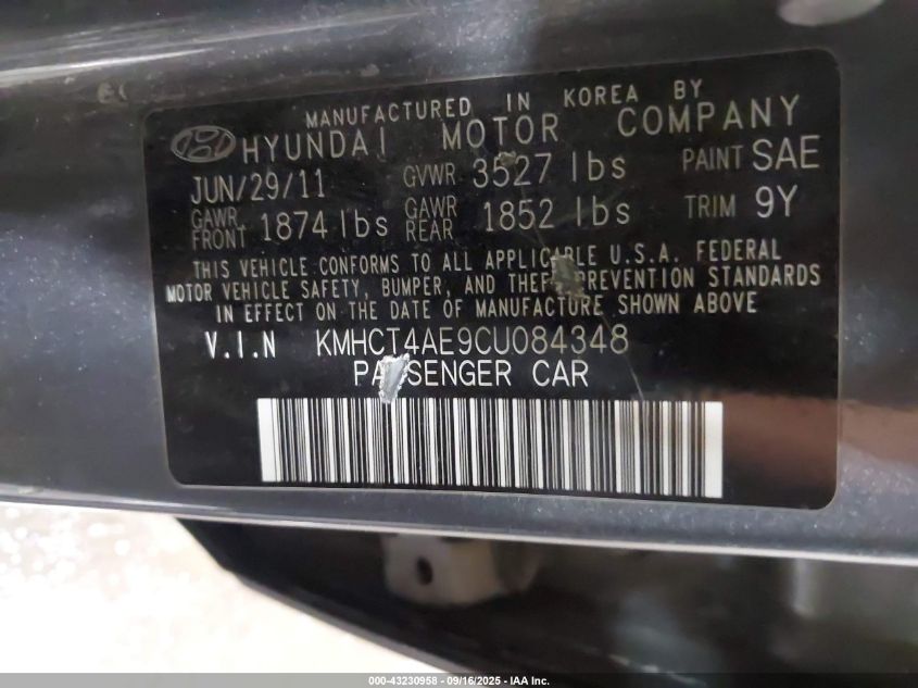 2012 Hyundai Accent Gls VIN: KMHCT4AE9CU084348 Lot: 43230958