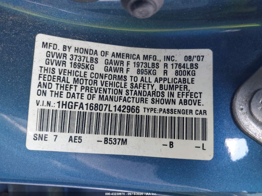 2007 Honda Civic Ex VIN: 1HGFA16807L142966 Lot: 43230970