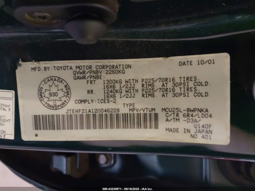 2002 Toyota Highlander VIN: JTEHF21A120046228 Lot: 43230971