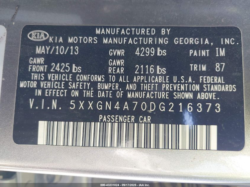 2013 Kia Optima Ex VIN: 5XXGN4A70DG216373 Lot: 43231024