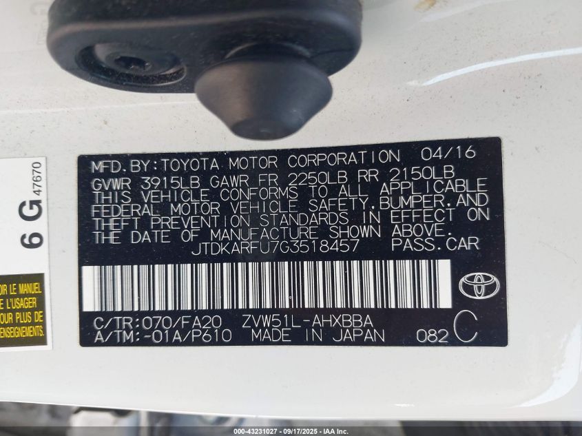 2016 Toyota Prius Two Eco VIN: JTDKARFU7G3518457 Lot: 43231027
