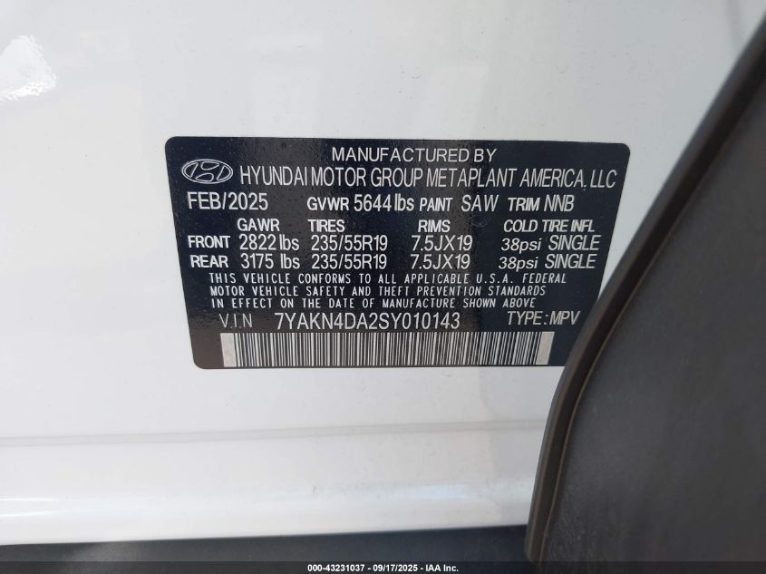 2025 Hyundai Ioniq 5 Sel VIN: 7YAKN4DA2SY010143 Lot: 43231037