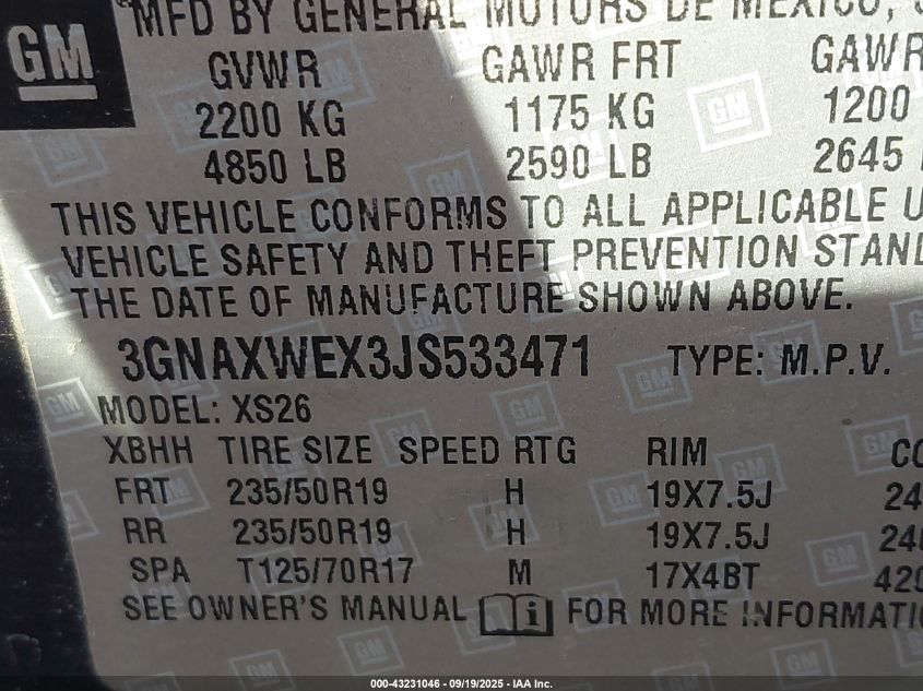 2018 Chevrolet Equinox Premier VIN: 3GNAXWEX3JS533471 Lot: 43231046