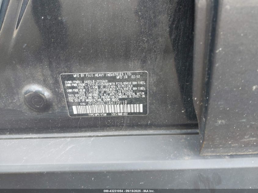 2010 Subaru Forester 2.5X VIN: JF2SH6BC3AH779118 Lot: 43231054