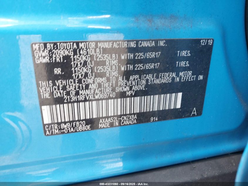 2020 Toyota Rav4 Le VIN: 2T3H1RFVXLW069740 Lot: 43231060