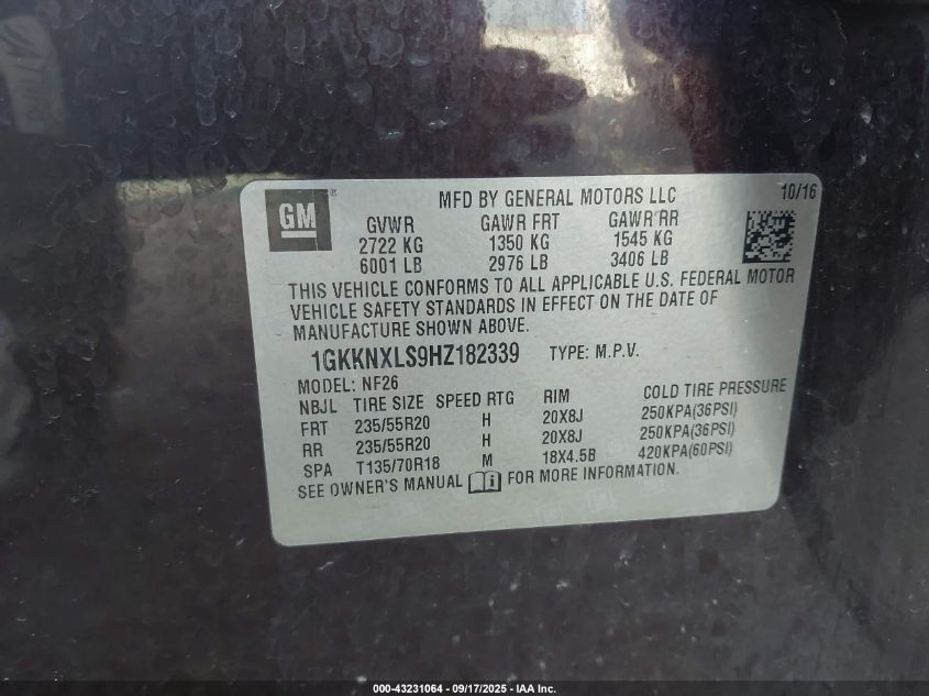 2017 GMC Acadia Denali VIN: 1GKKNXLS9HZ182339 Lot: 43231064