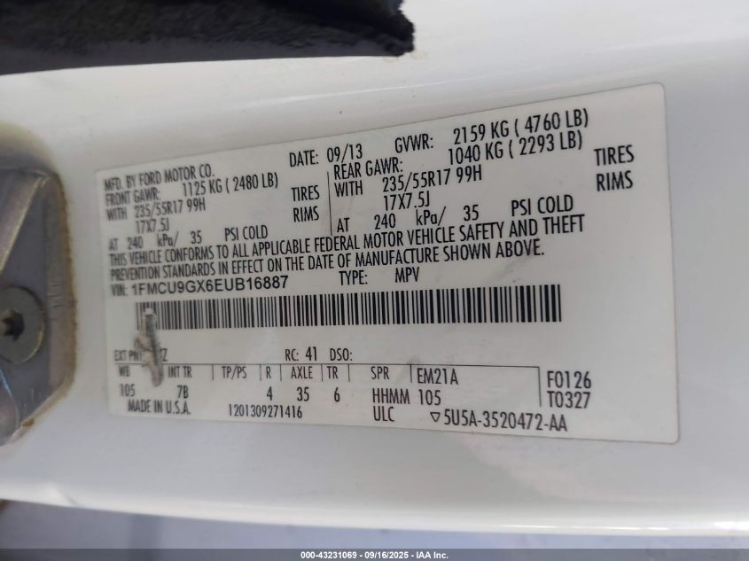 2014 Ford Escape Se VIN: 1FMCU9GX6EUB16887 Lot: 43231069