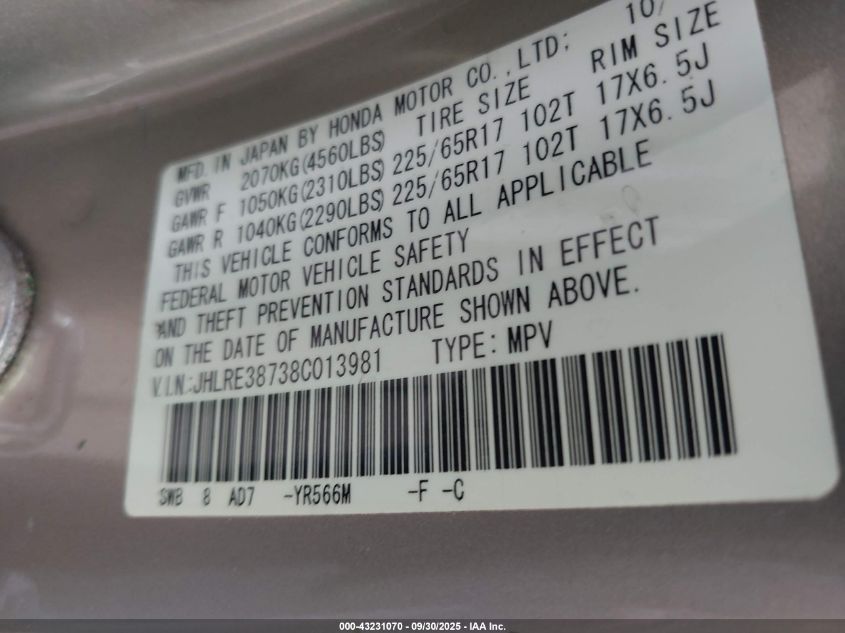 2008 Honda Cr-V Ex-L VIN: JHLRE38738C013981 Lot: 43231070