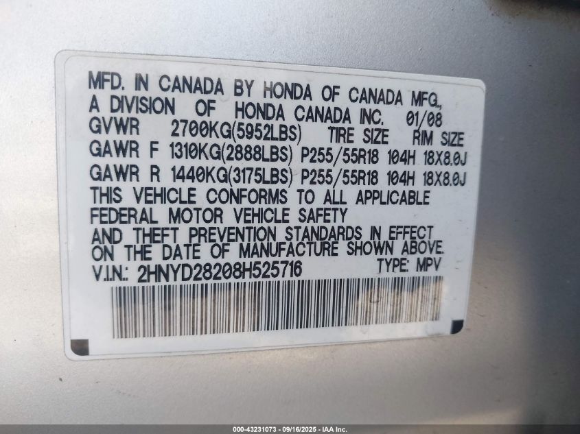 2008 Acura Mdx VIN: 2HNYD28208H525716 Lot: 43231073