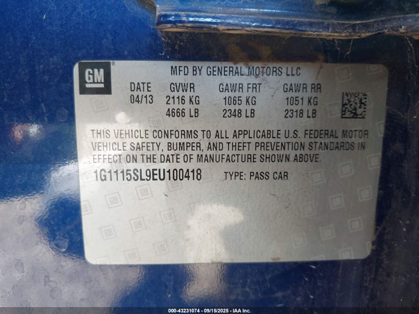 2014 Chevrolet Impala 1Lt VIN: 1G1115SL9EU100418 Lot: 43231074