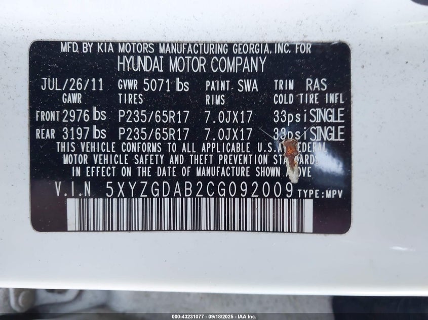2012 Hyundai Santa Fe Gls VIN: 5XYZGDAB2CG092009 Lot: 43231077