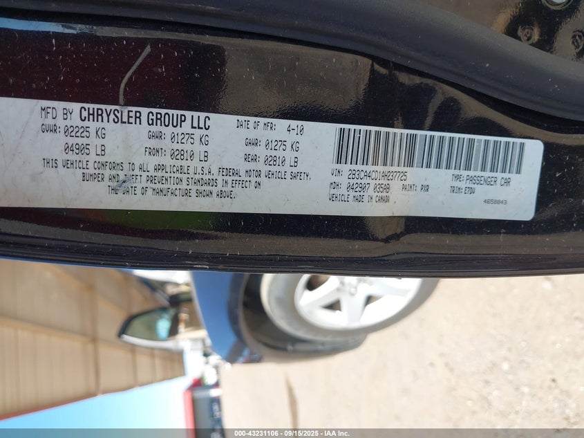 2010 Dodge Charger VIN: 2B3CA4CD1AH237725 Lot: 43231106