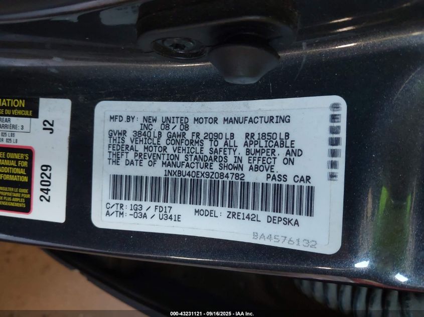 2009 Toyota Corolla S VIN: 1NXBU40EX9Z084782 Lot: 43231121