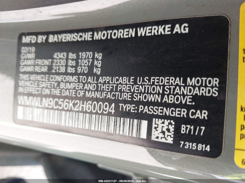 2019 Mini Clubman Cooper S VIN: WMWLN9C56K2H60094 Lot: 43231127
