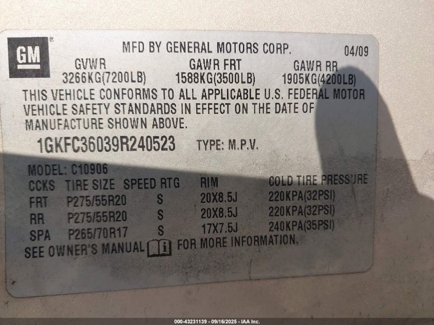 2009 GMC Yukon Xl 1500 Slt1 VIN: 1GKFC36039R240523 Lot: 43231139