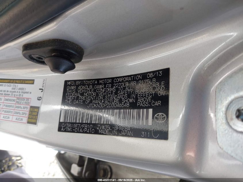 2013 Toyota Prius Plug-In VIN: JTDKN3DP2D3046548 Lot: 43231141