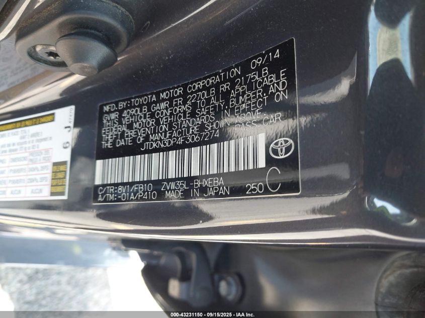 2015 Toyota Prius Plug-In VIN: JTDKN3DP4F3067274 Lot: 43231150