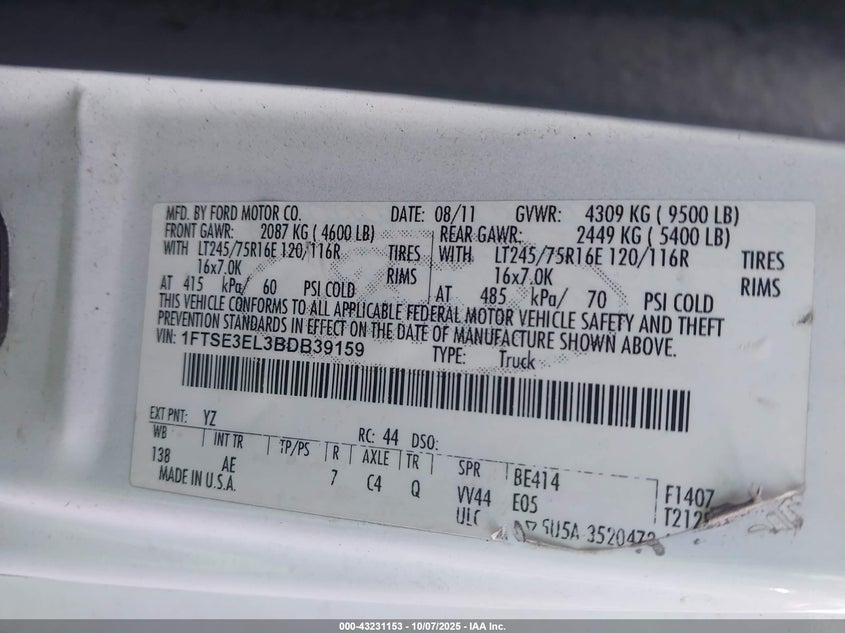 2011 Ford E-350 Super Duty Commercial VIN: 1FTSE3EL3BDB39159 Lot: 43231153
