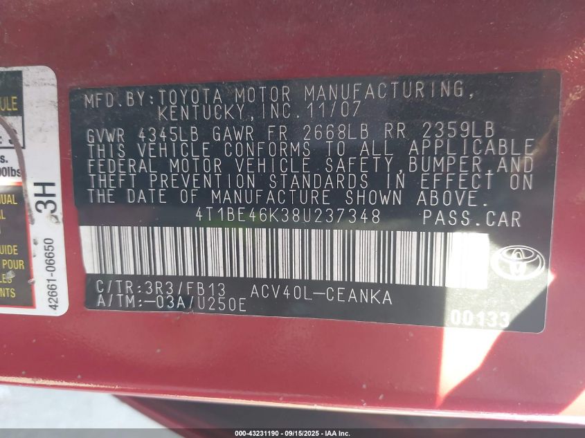 2008 Toyota Camry Le VIN: 4T1BE46K38U237348 Lot: 43231190