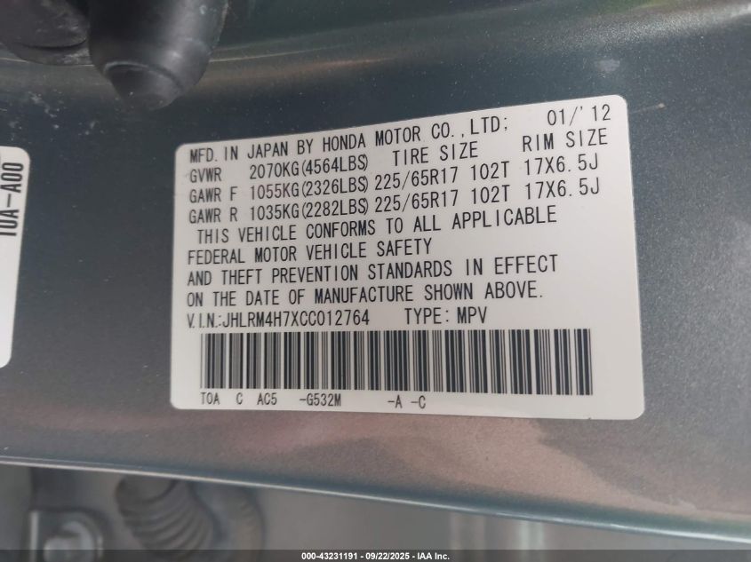 2012 Honda Cr-V Ex-L VIN: JHLRM4H7XCC012764 Lot: 43231191