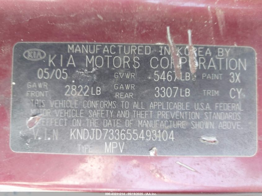 2005 Kia Sorento Ex/Lx VIN: KNDJD733655493104 Lot: 43231214