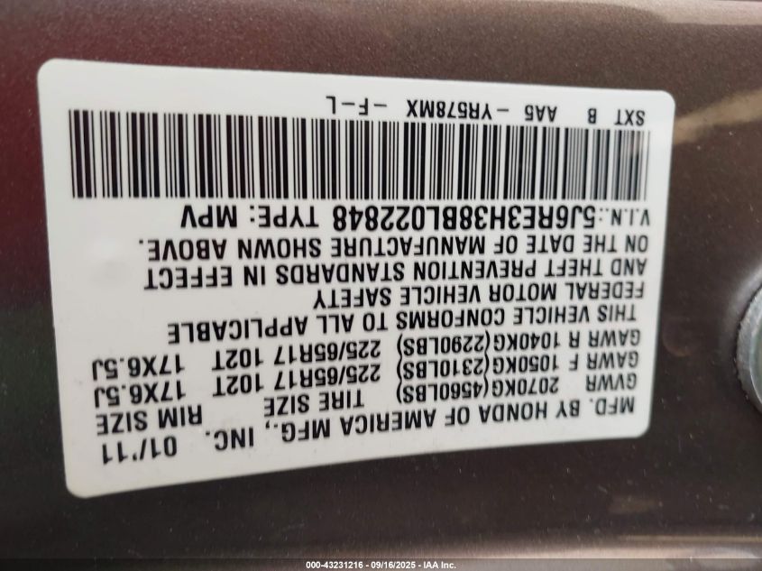 2011 Honda Cr-V Lx VIN: 5J6RE3H38BL022848 Lot: 43231216