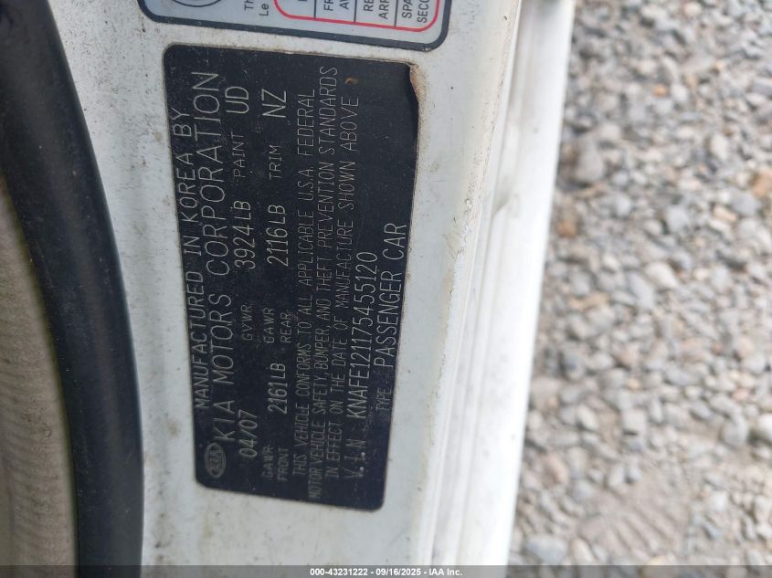2007 Kia Spectra Ex VIN: KNAFE121175455120 Lot: 43231222