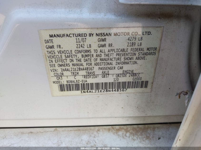 2008 Nissan Altima 2.5 S VIN: 1N4AL21E28N448567 Lot: 43231224