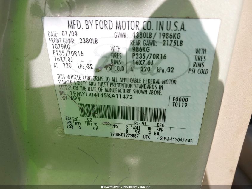 2005 Ford Escape Limited VIN: 1FMYU04145KA11472 Lot: 43231236