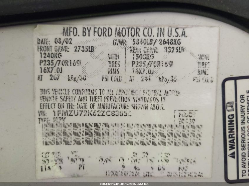 2002 Ford Explorer Xls VIN: 1FMZU72K62ZC83856 Lot: 43231242