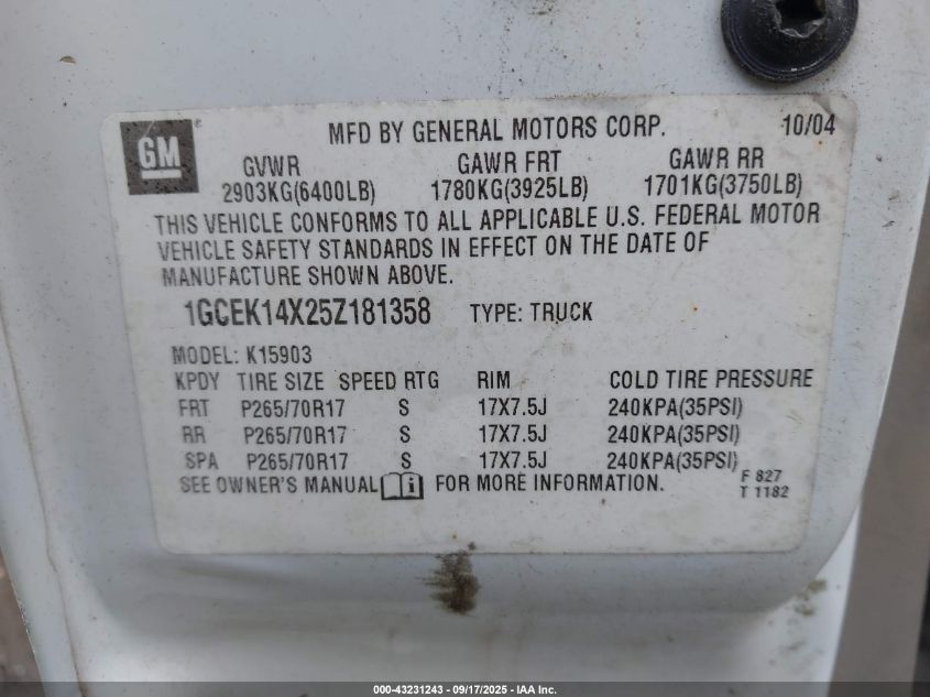 2005 Chevrolet Silverado 1500 Work Truck VIN: 1GCEK14X25Z181358 Lot: 43231243