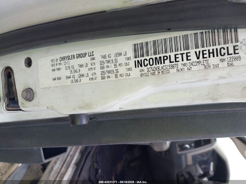 2012 Ram 4500 Chassis St/Slt VIN: 3C7WDKBLXCG159872 Lot: 43231271