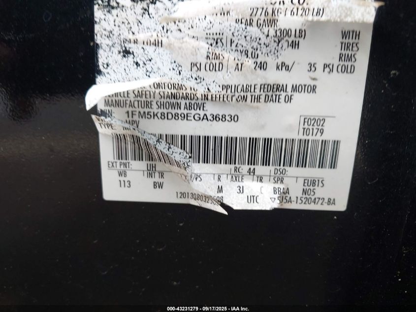 2014 Ford Explorer Xlt VIN: 1FM5K8D89EGA36830 Lot: 43231279