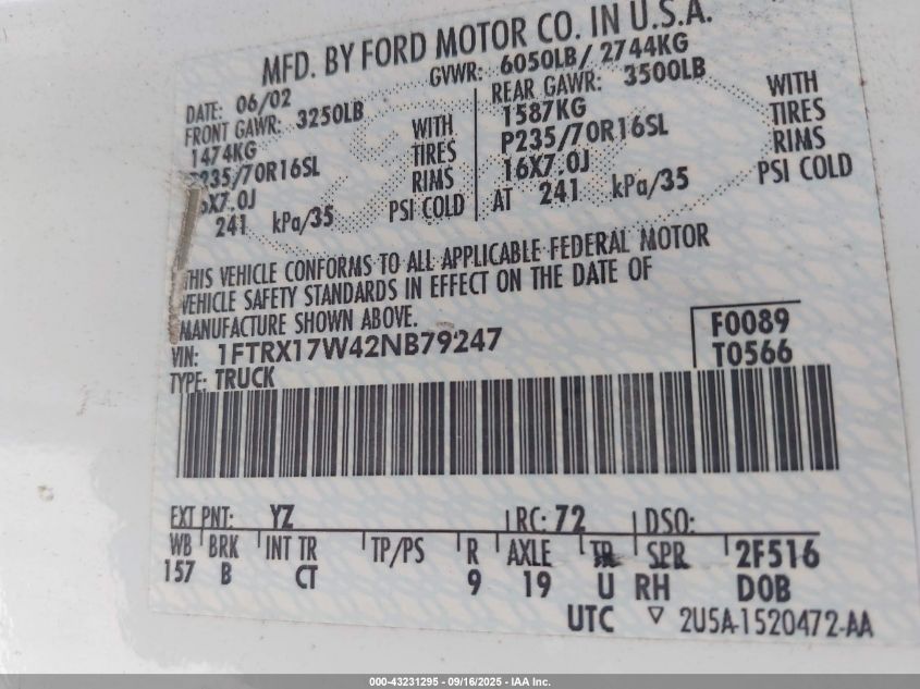 2002 Ford F-150 Lariat/Xl/Xlt VIN: 1FTRX17W42NB79247 Lot: 43231295