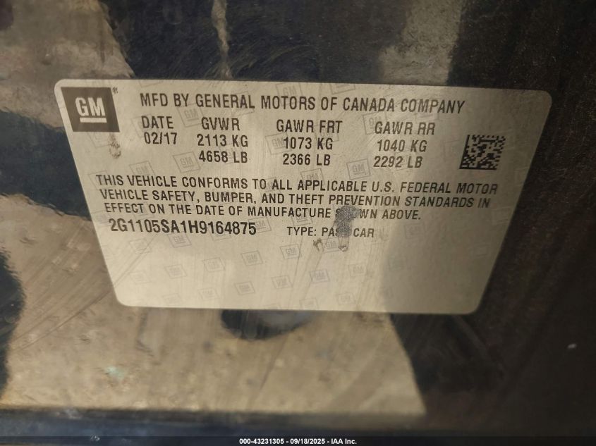 2017 Chevrolet Impala 1Lt VIN: 2G1105SA1H9164875 Lot: 43231305