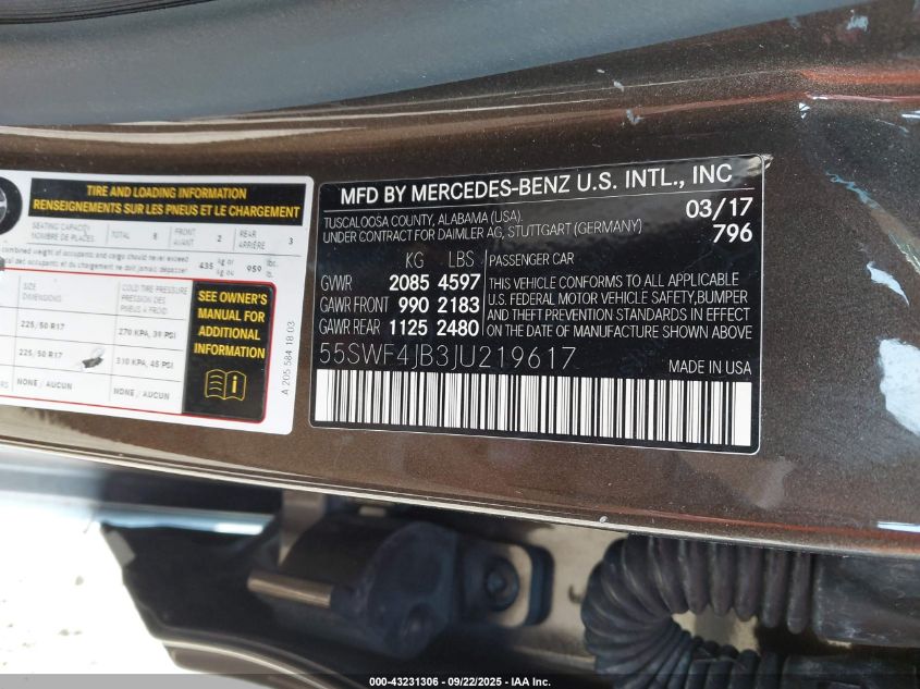 2018 Mercedes-Benz C 300 VIN: 55SWF4JB3JU219617 Lot: 43231306