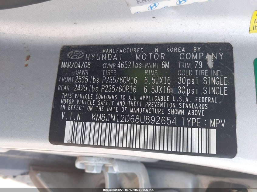 2008 Hyundai Tucson Limited V6/Se VIN: KM8JN12D68U892654 Lot: 43231322