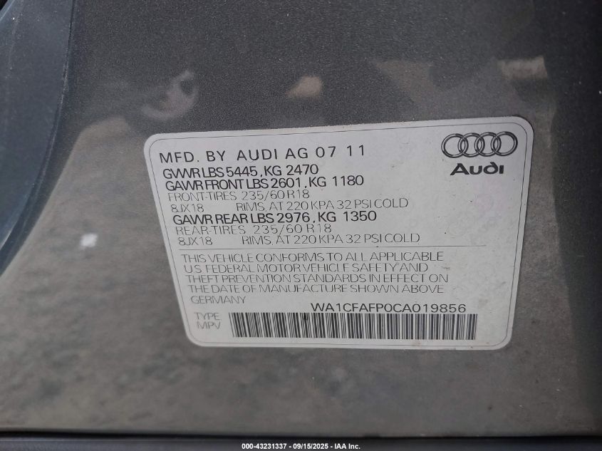 2012 Audi Q5 2.0T Premium VIN: WA1CFAFP0CA019856 Lot: 43231337