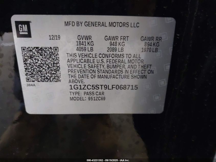 2020 CHEVROLET MALIBU FWD 1FL - 1G1ZC5ST9LF068715