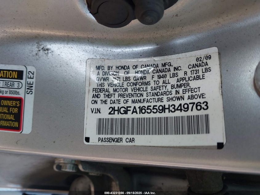 2009 Honda Civic Lx VIN: 2HGFA16559H349763 Lot: 43231356