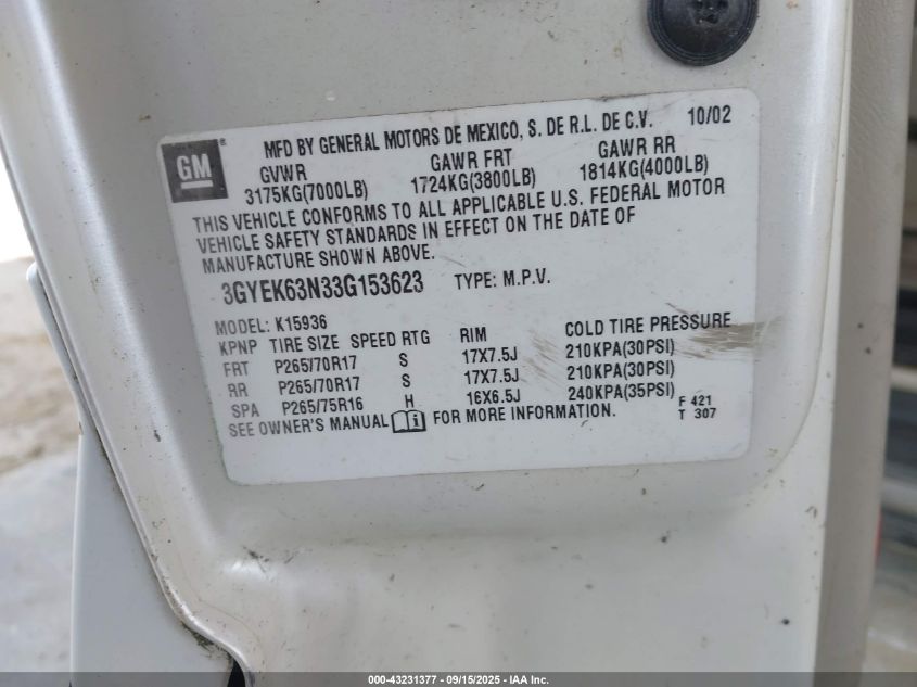 2003 Cadillac Escalade Ext Standard VIN: 3GYEK63N33G153623 Lot: 43231377