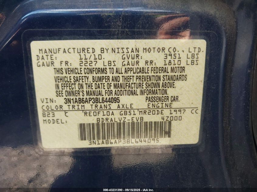 2011 Nissan Sentra 2.0Sl VIN: 3N1AB6AP3BL644095 Lot: 43231390