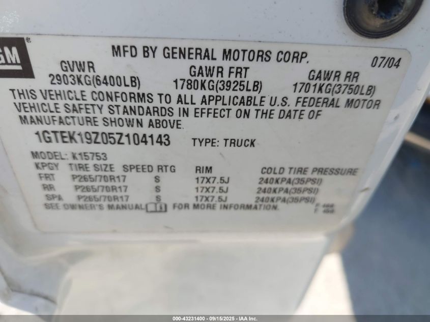 2005 GMC Sierra 1500 Slt VIN: 1GTEK19Z05Z104143 Lot: 43231400