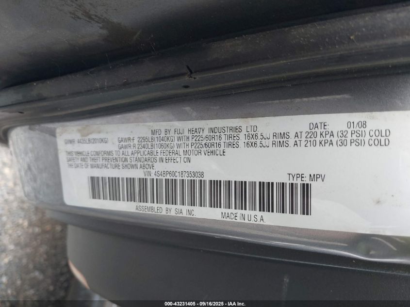 2008 Subaru Outback VIN: 4S4BP60C187353038 Lot: 43231405