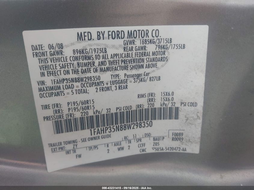 2008 Ford Focus Se/Ses VIN: 1FAHP35N88W298350 Lot: 43231415